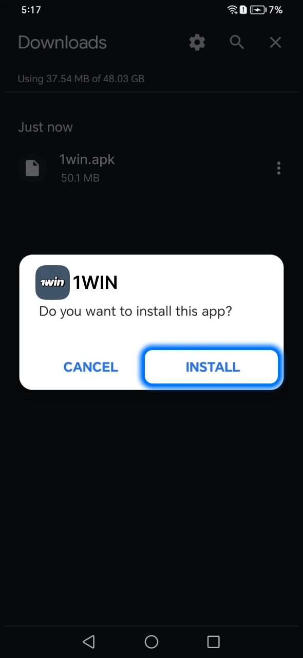 Tap the 1Win file to start the installation.