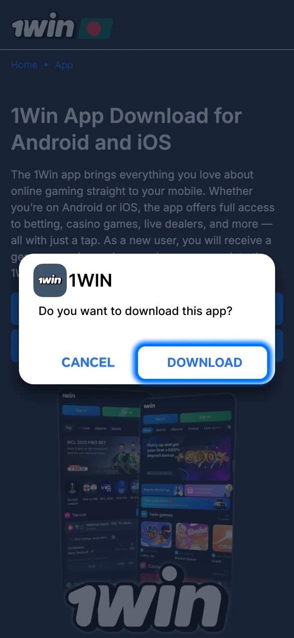 Click the button to begin the 1Win download apk.