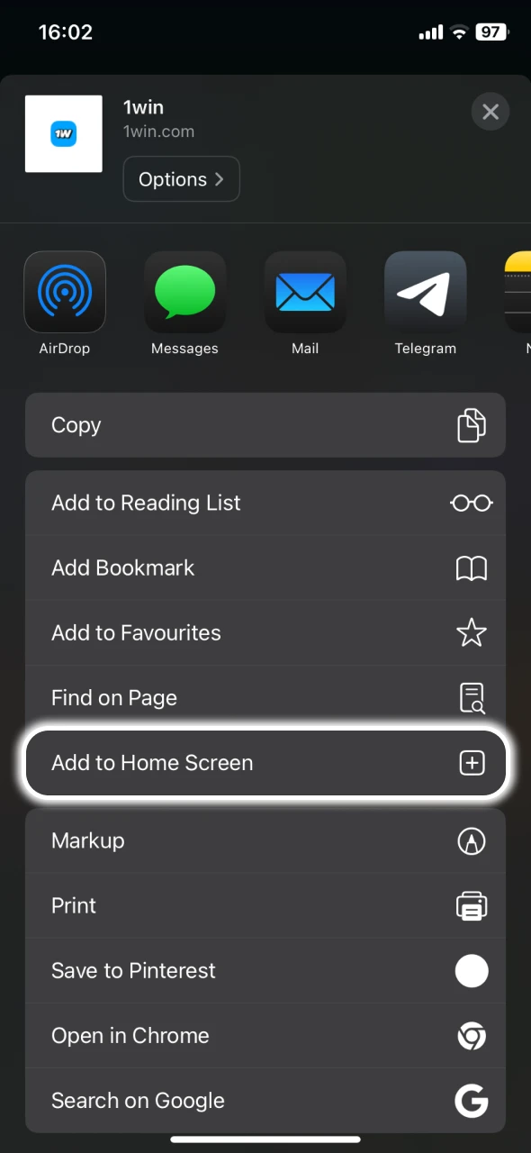 Use add to home screen option for quick 1Win visits.