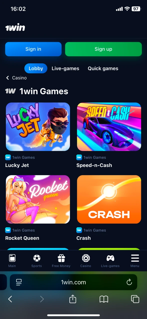 Explore the 1Win full mobile platform on your device.