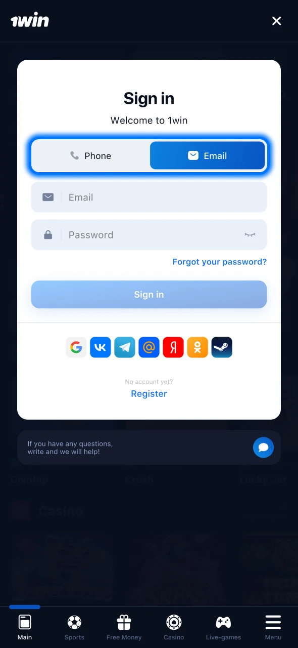 Choose your preferred 1Win login method.