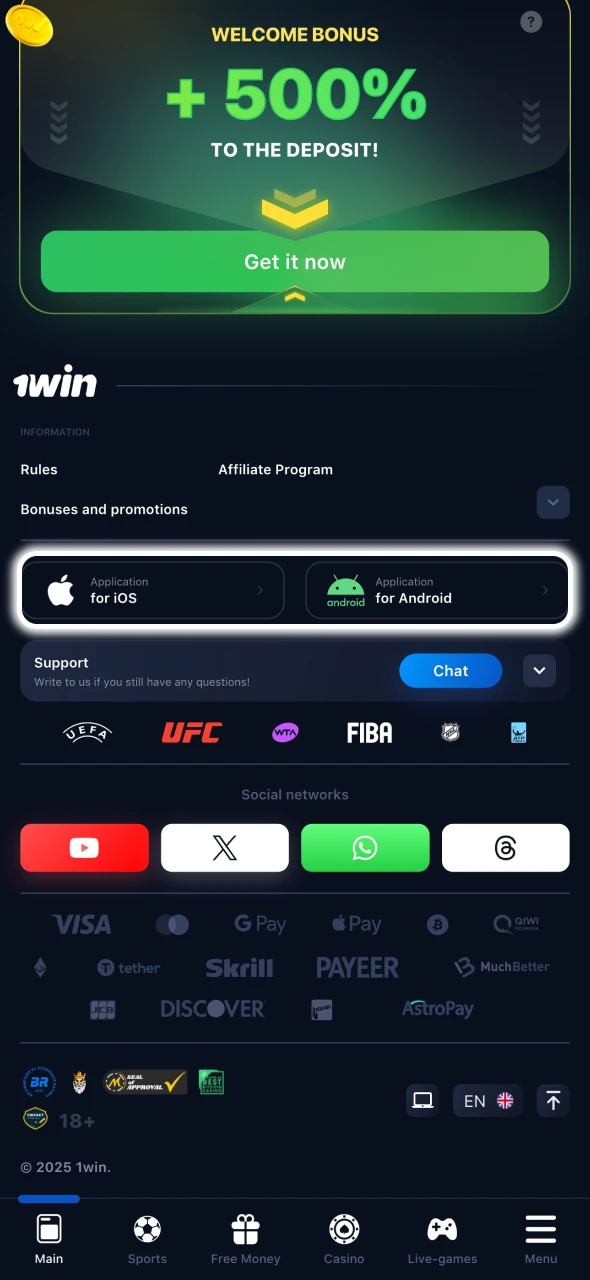 Tap the correct 1Win link for your operating system.