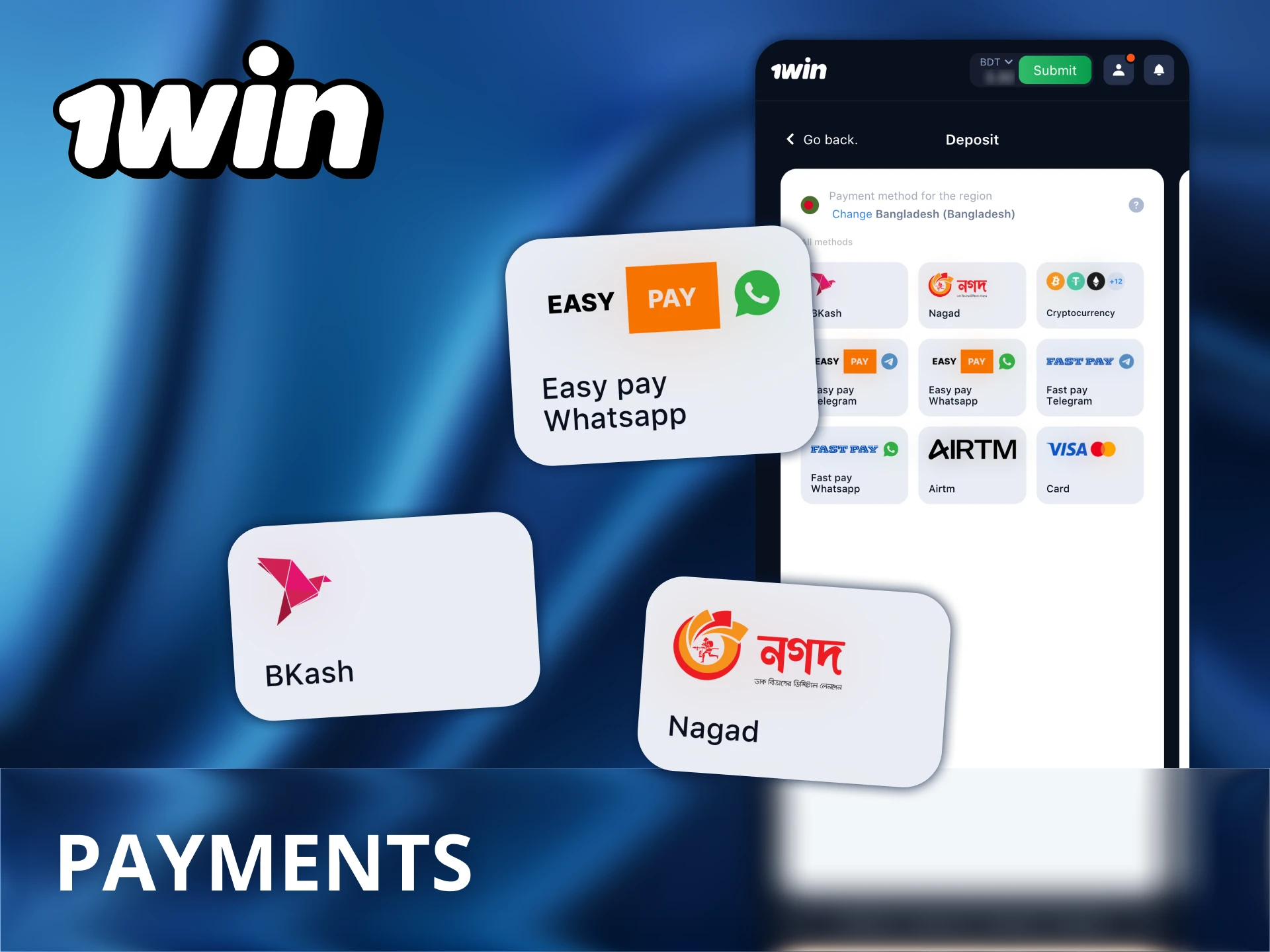 Make deposits and withdrawals with 1Win official app.
