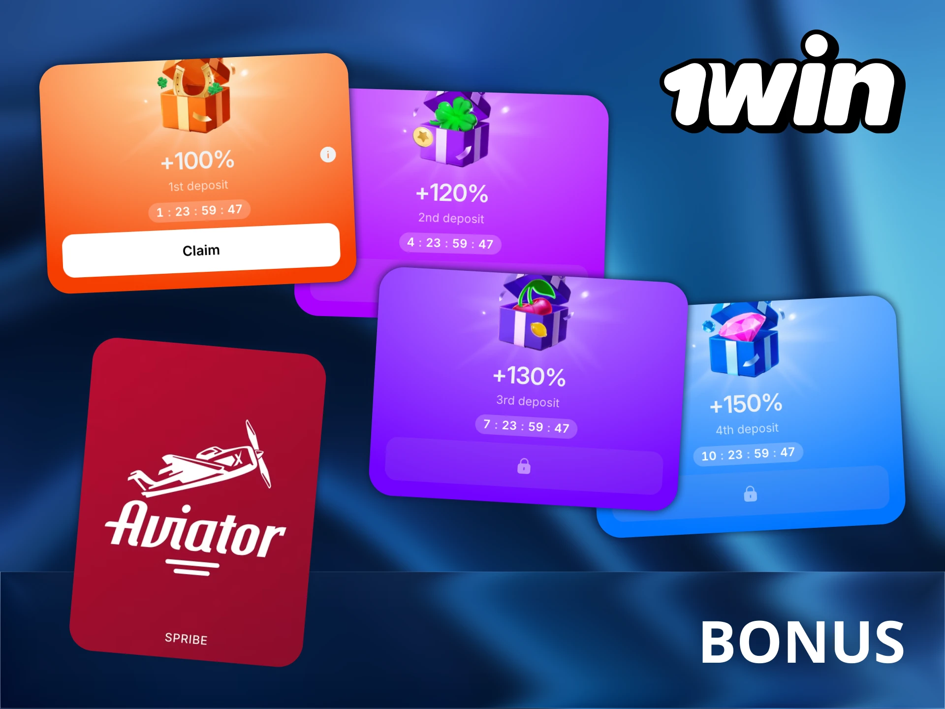 1Win platform offers you welcome bonus for Aviator.
