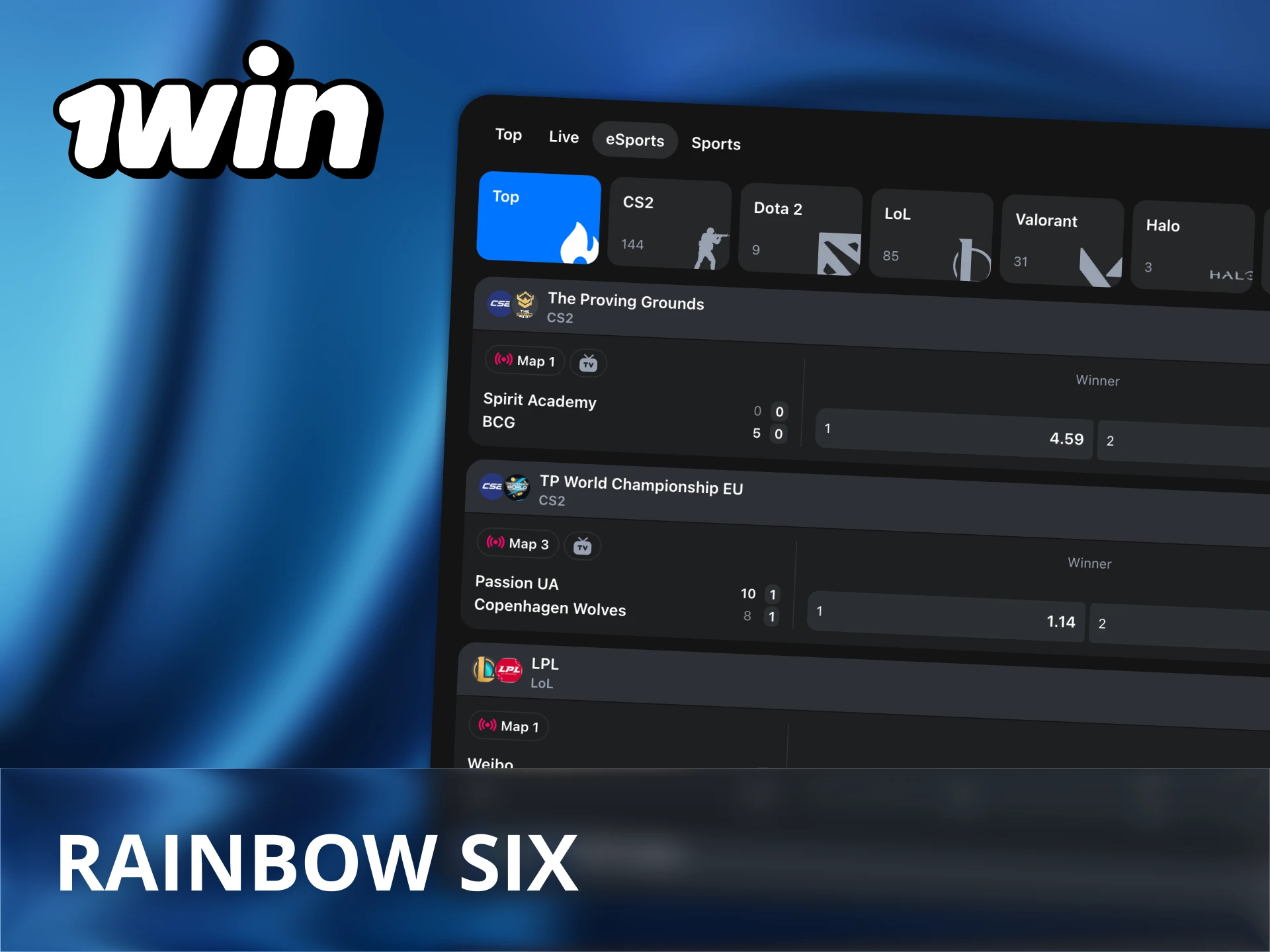 Enjoy betting on Rainbow Six tournaments with 1Win website.
