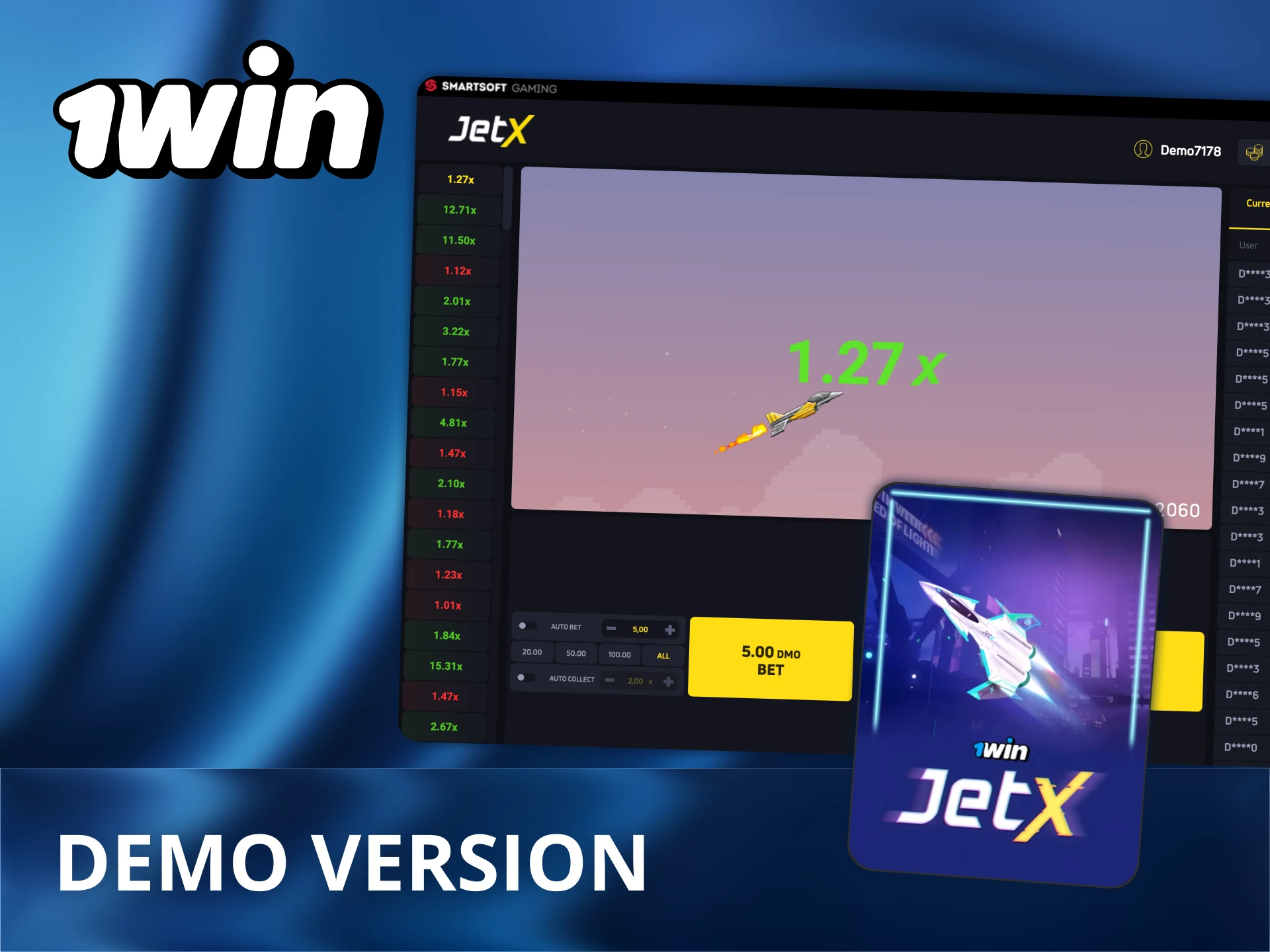 Explore JetX game without risking with demo mode at 1Win.
