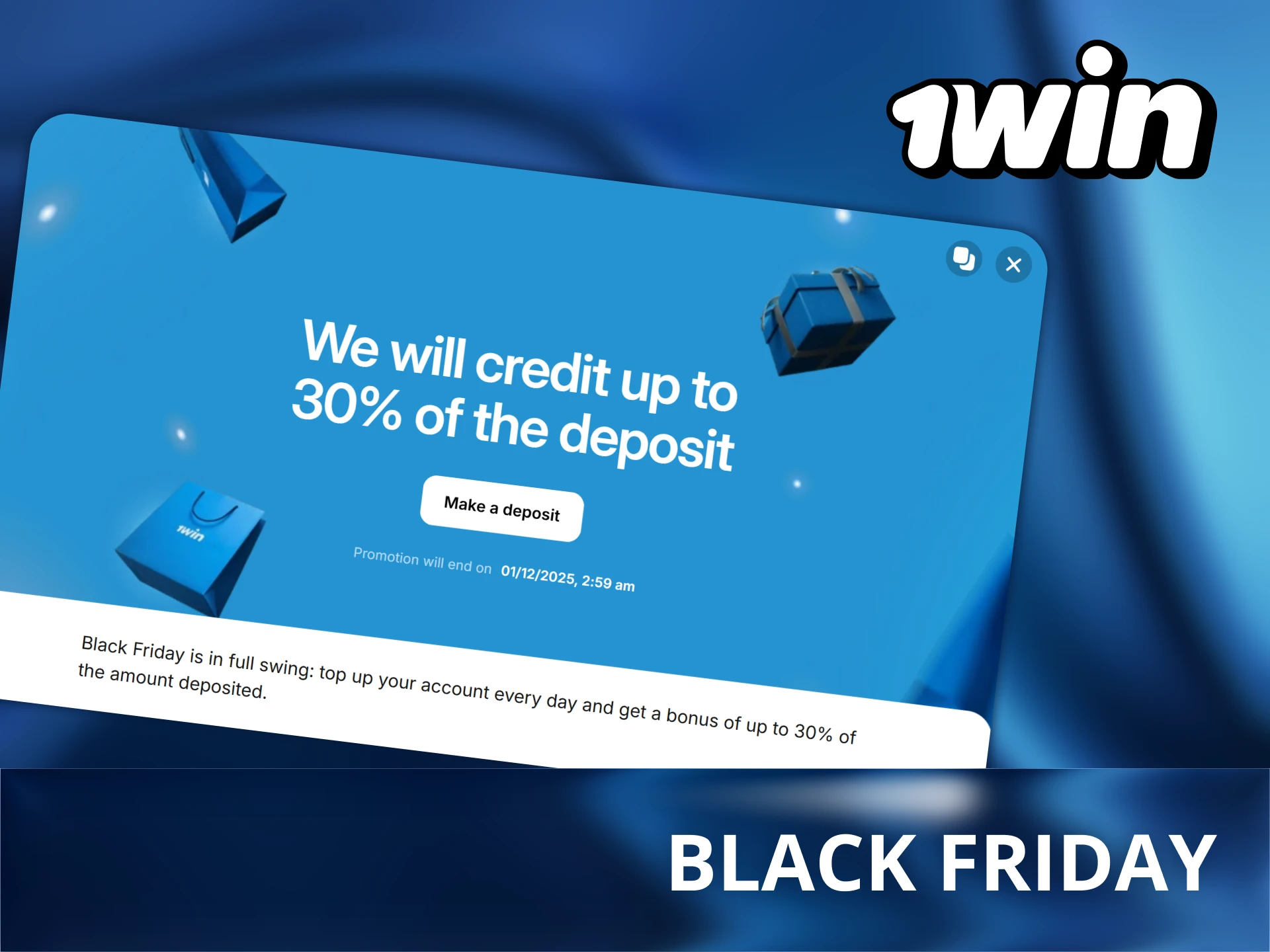 Enjoy a daily reload bonus with increasing rewards, generous limits, and wagering on selected casino games when you play at 1Win.