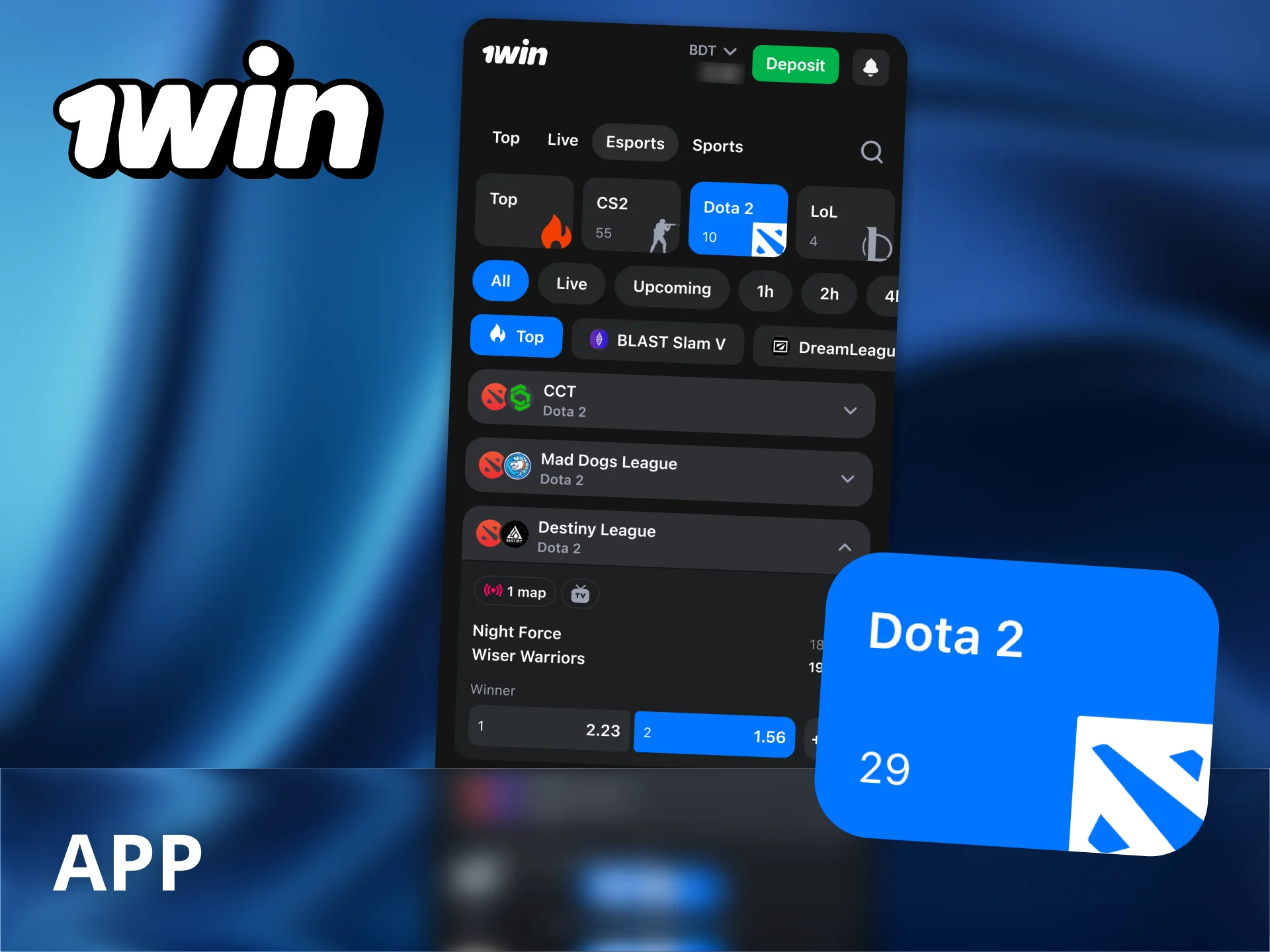 Bet on Dota 2 with the 1win mobile app and follow matches live.