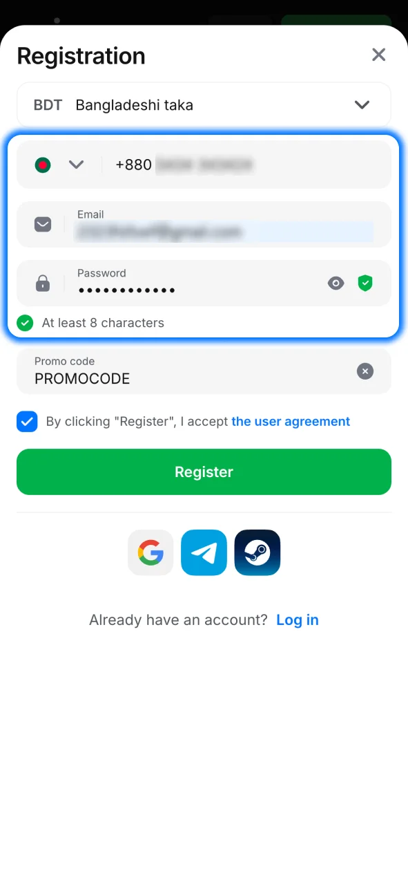 Join 1win today, enter your details and set Bangladesh as your region.