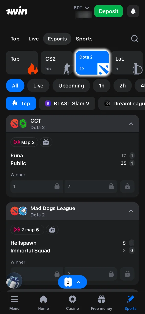 Go to 1win Esports, select Dota 2 and explore live markets.