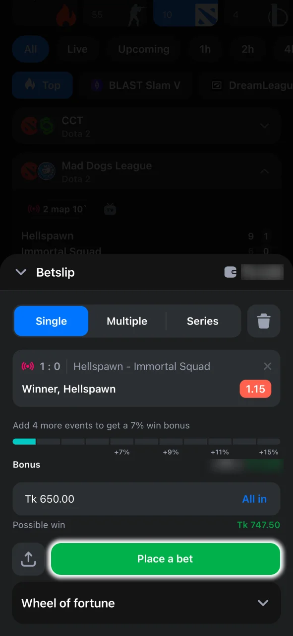 Place your first bet at 1win, tap odds and confirm your stake.