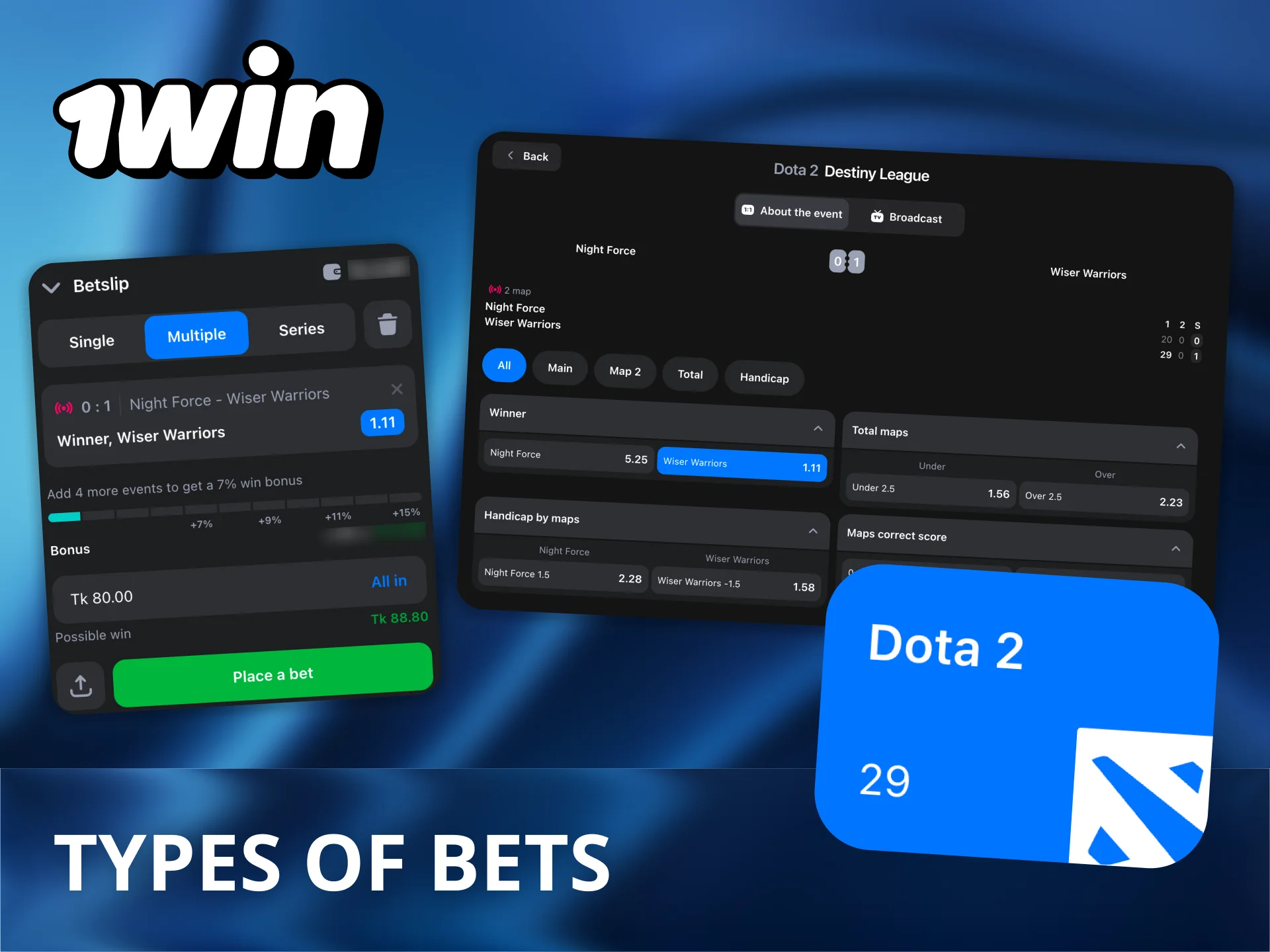 Explore Dota 2 bet types at 1win and pick match winners or special moments.