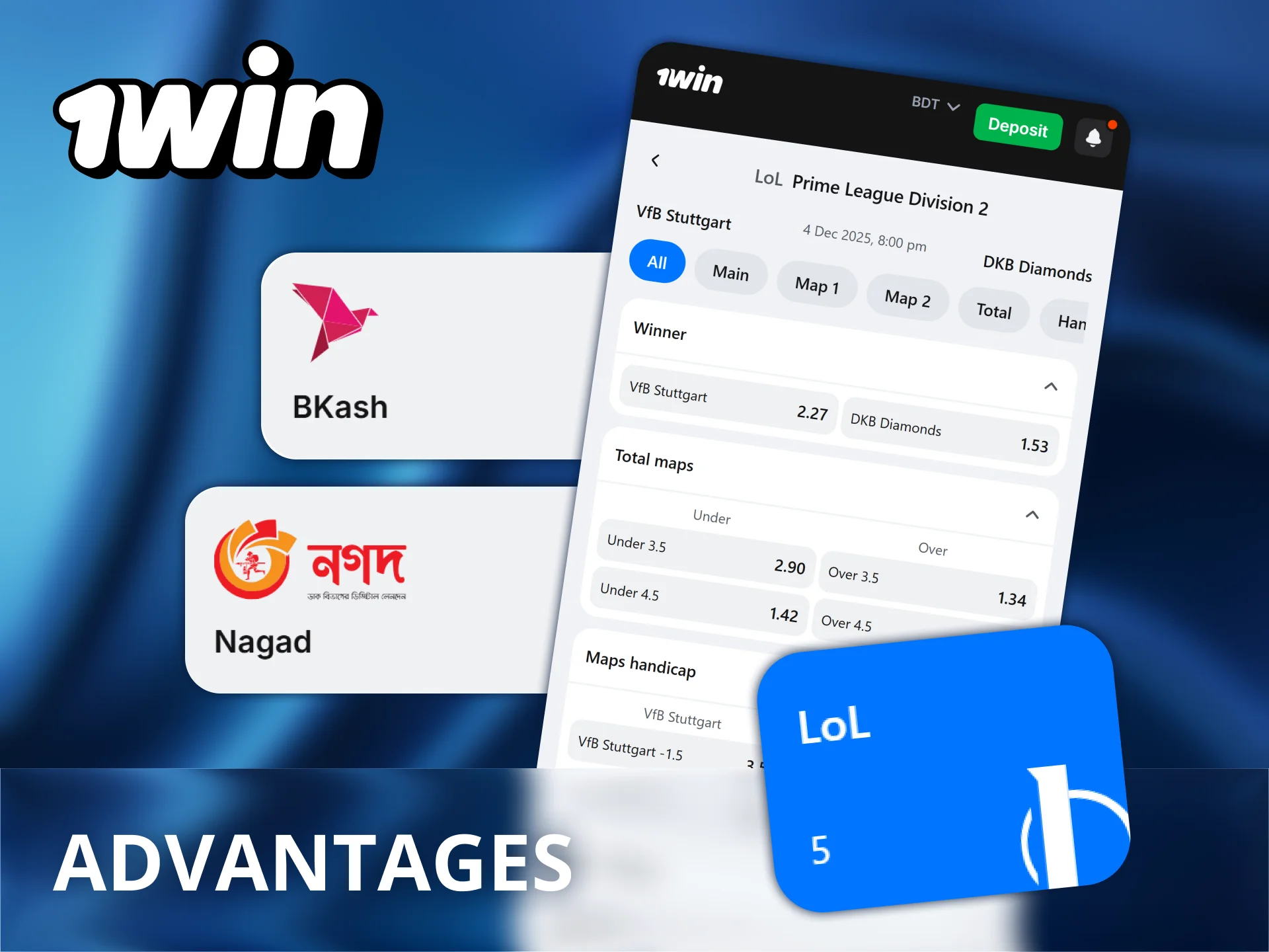 Enjoy 500% bonuses, local BDT payments, and fast odds for League of Legends betting at 1Win.