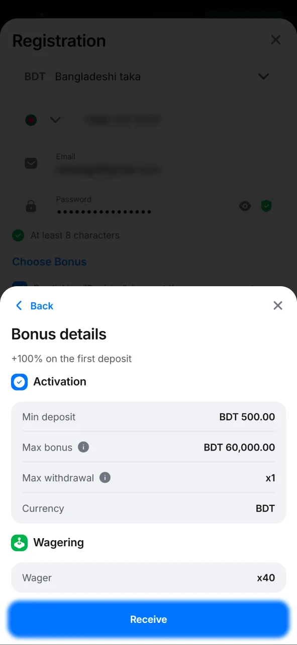 Select the 500% Sports welcome bonus when registering your 1Win account.