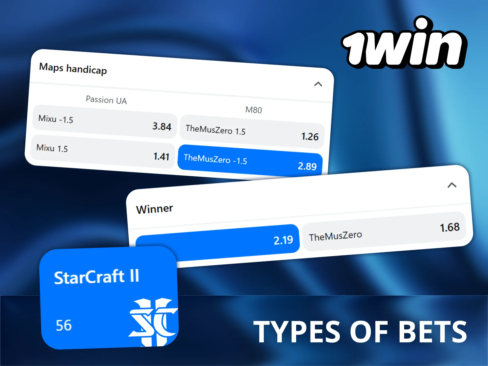 Explore multiple StarCraft II bet types at 1Win.