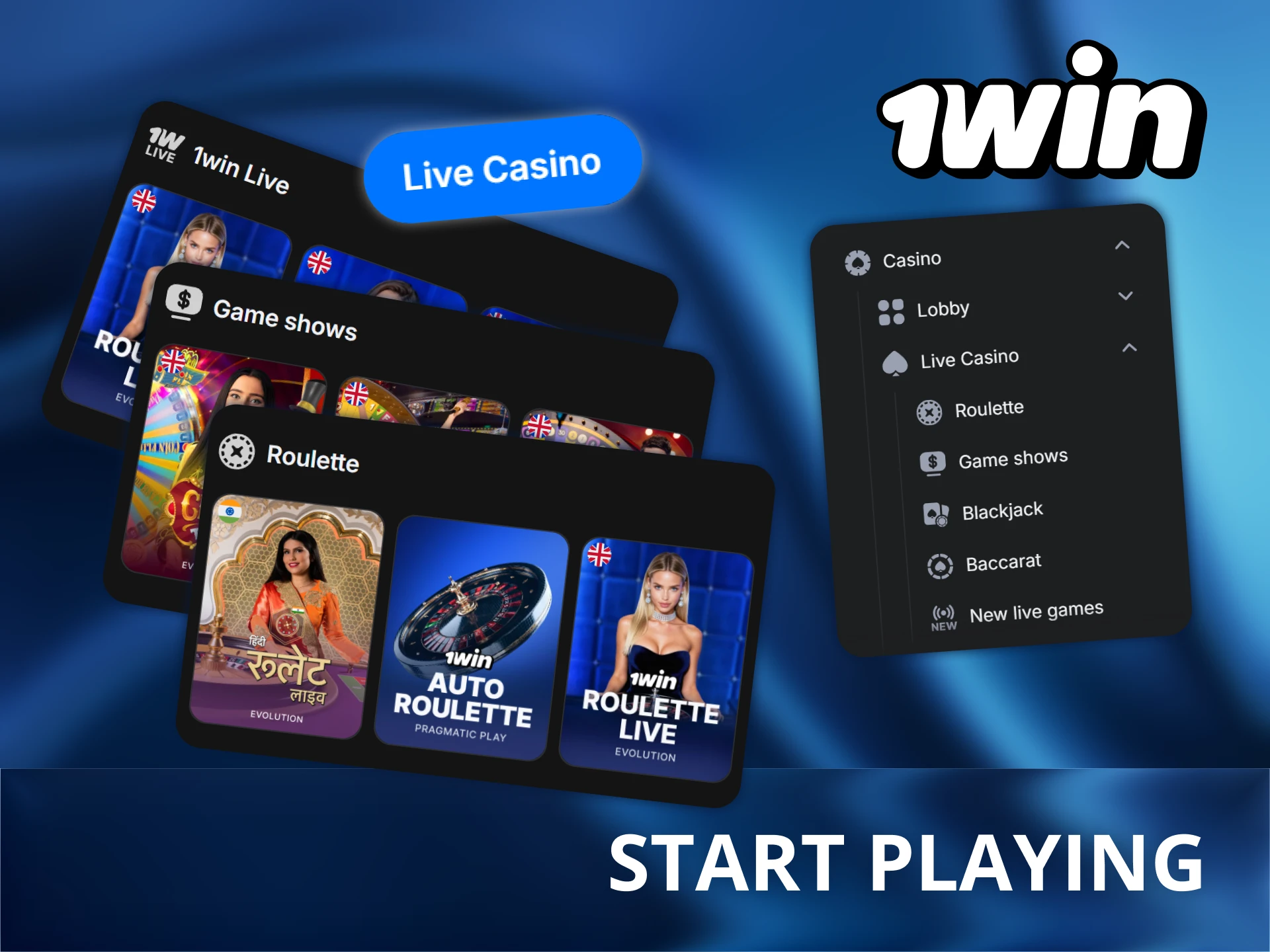 Start playing your favorite live casino games by selecting a category at 1Win.