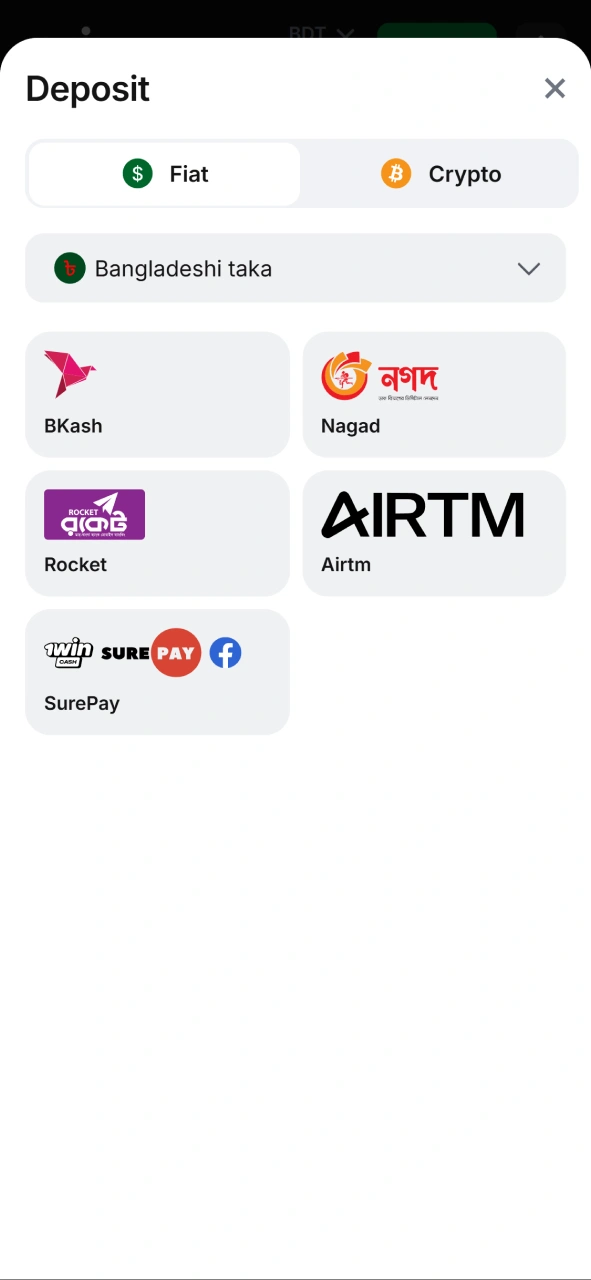Select your preferred payment method to fund your 1Win account.