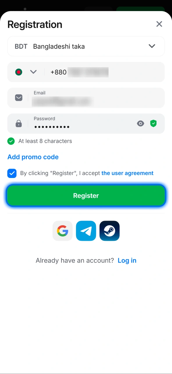 Create a new account by filling out the registration form at 1Win.