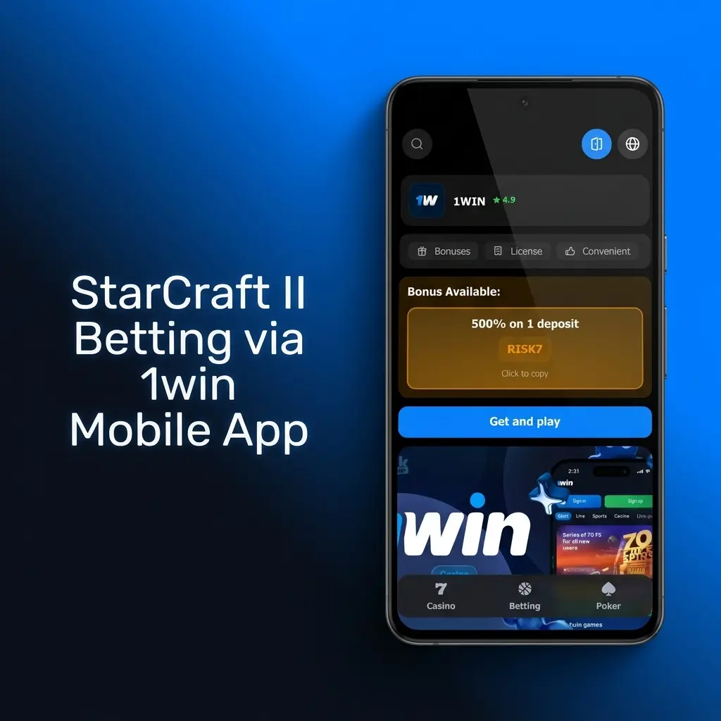 1win mobile app interface showing StarCraft II esports betting options on Android and iOS smartphones
